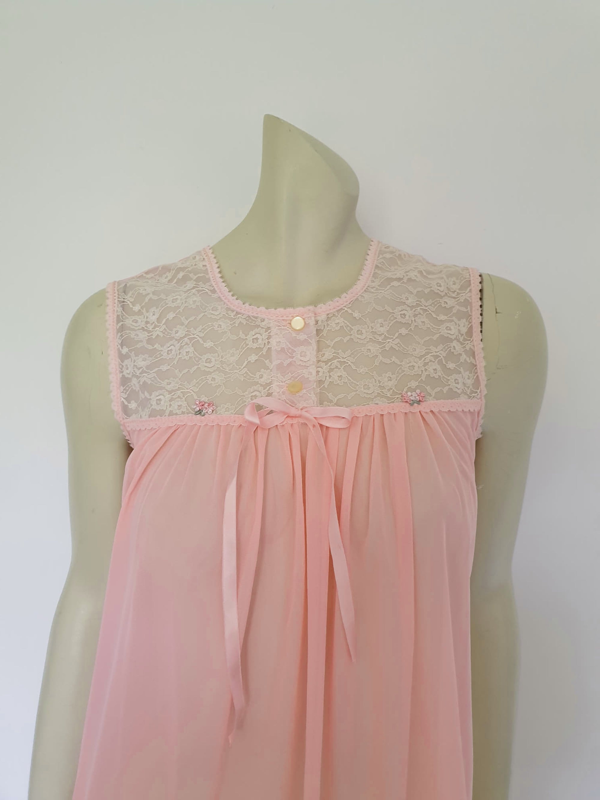 vintage 1970s pink nylon nightgown with lace yoke by St Mark - Medium