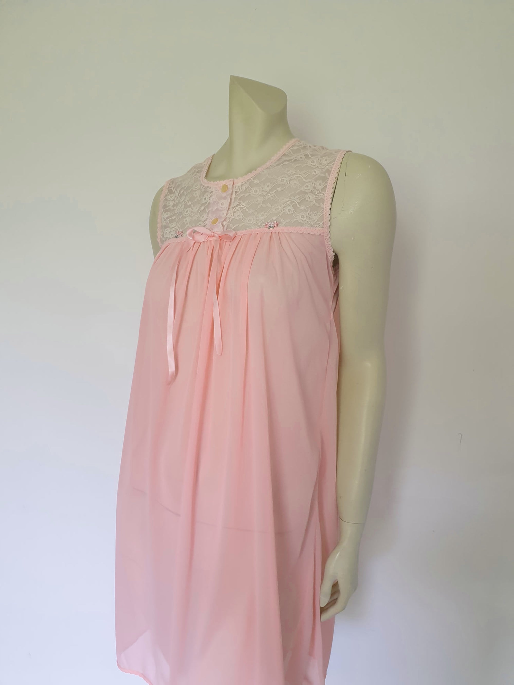 vintage 1970s pink nylon nightgown with lace yoke by St Mark - Medium