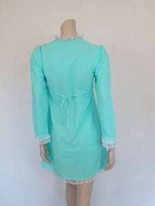 Vintage 1960s Aqua Mini Nightgown With Embroidery and white lace - Small