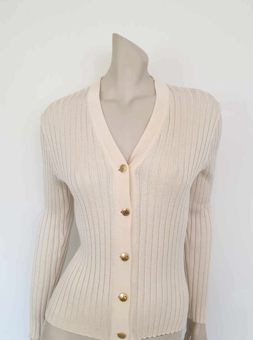1970s Cream Ribbed Cardigan by David Keys - V necked cardigan with gold buttons
