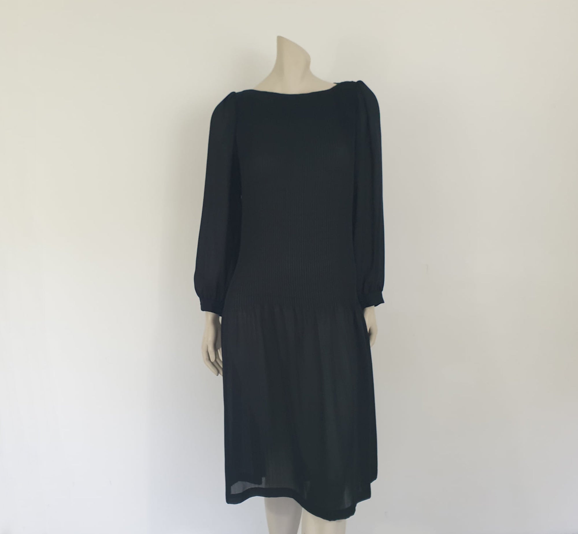 1980s Black Pleat Top Dress by Diana Richards - M
