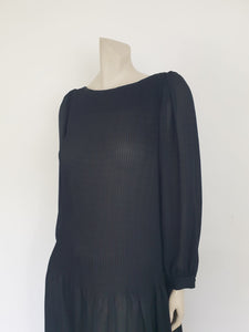 1980s Black Pleat Top Dress by Diana Richards - M