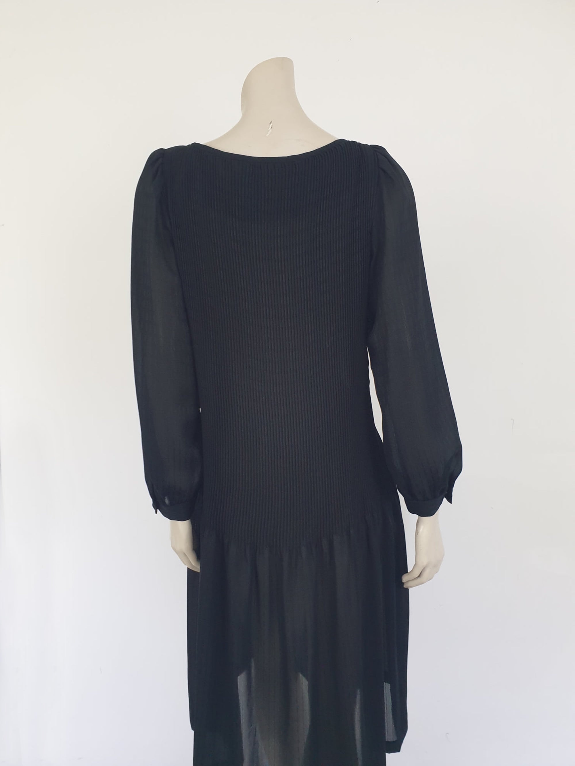 1980s Black Pleat Top Dress by Diana Richards - M