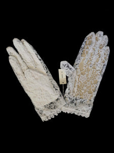 New old stock - beautiful lace bridal gloves with diamante trim, unsold stock from a former 1980s bridal boutique. White lace gloves are below-wrist length and have a shaped opening trimmed with more lace and a line of diamantes. 100% nylon. Made in Hong Kong for Jendi - 1980s.