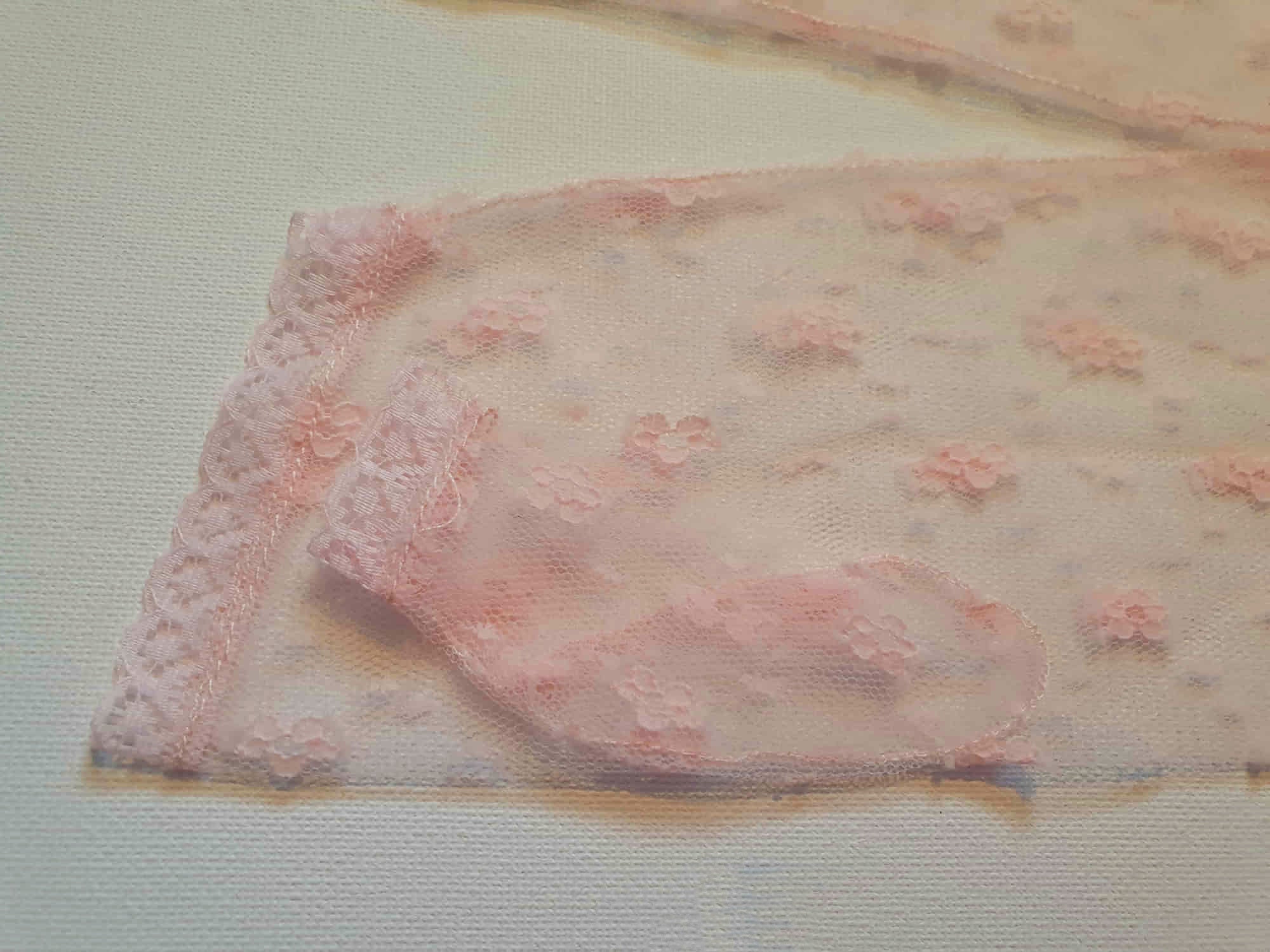 New old stock - Dainty lace mitts for a special occasion. Pale pink lace mitts or fingerless gloves are mid-forearm length. Trimmed with narrow lace at the edges. 100% nylon. Made in Hong Kong. No brand label. From a former 1980s bridal boutique. Mint condition - brand new and never used.