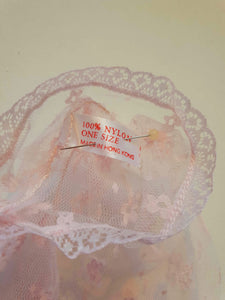 New old stock - Dainty lace mitts for a special occasion. Pale pink lace mitts or fingerless gloves are mid-forearm length. Trimmed with narrow lace at the edges. 100% nylon. Made in Hong Kong. No brand label. From a former 1980s bridal boutique. Mint condition - brand new and never used.