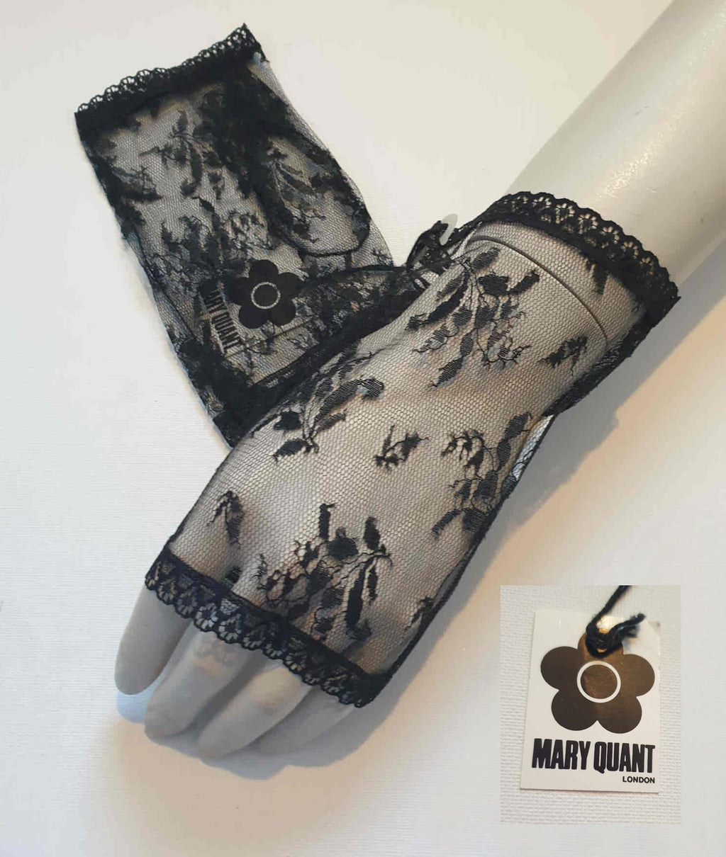 NOS Mary Quant Black Fingerless Lace Gloves, Mitts - 1980s