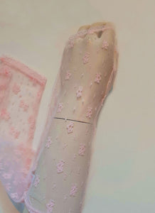 New old stock - Dainty lace mitts for a special occasion. Pale pink lace mitts or fingerless gloves are mid-forearm length. Trimmed with narrow lace at the edges. 100% nylon. Made in Hong Kong. No brand label. From a former 1980s bridal boutique. Mint condition - brand new and never used.