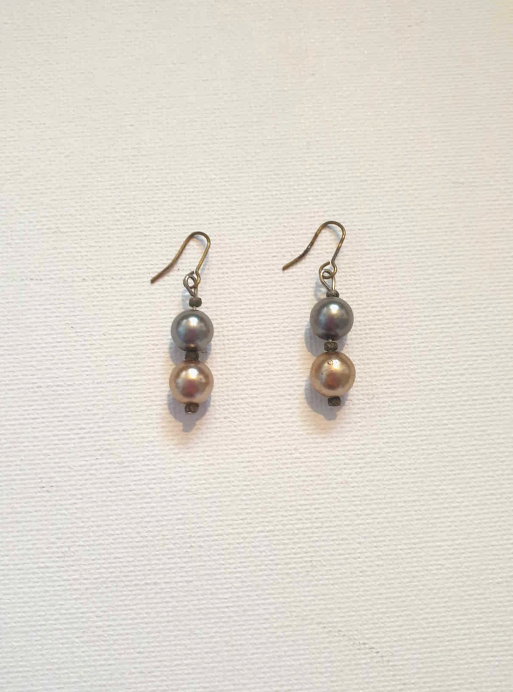 Pearly Blue-Grey and Old Gold Bead Drop Earrings - 1960s