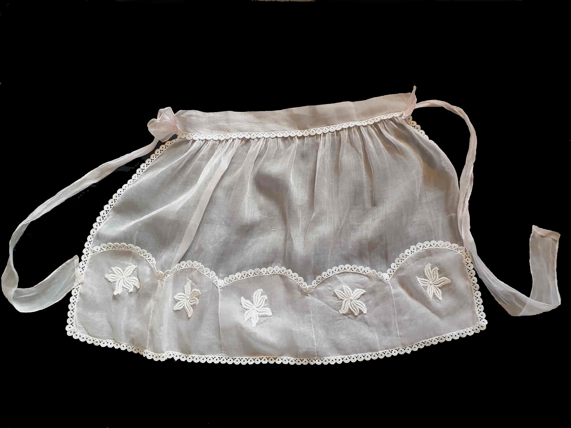 1950s Sheer Pale Pink Organdy Half Apron, Hostess Apron