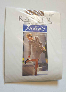 New old stock vintage pantyhose. All over sheer support - relief for active legs. "From waist to toe - gentle support follows your every contour." Cotton gusset and reinforced toe. Colour is Almond - a light beige, skin tone. Brand is Julia's by Kayser - 1980s or early 1990s. Size - Mids
