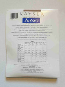 New old stock vintage pantyhose. All over sheer support - relief for active legs. "From waist to toe - gentle support follows your every contour." Cotton gusset and reinforced toe. Colour is Almond - a light beige, skin tone. Brand is Julia's by Kayser - 1980s or early 1990s. Size - Mids