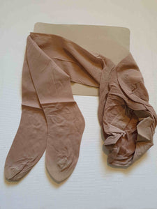 New old stock vintage pantyhose. All over sheer support - relief for active legs. "From waist to toe - gentle support follows your every contour." Cotton gusset and reinforced toe. Colour is Almond - a light beige, skin tone. Brand is Julia's by Kayser - 1980s or early 1990s. Size - Mids