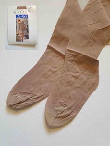 New old stock vintage pantyhose. All over sheer support - relief for active legs. "From waist to toe - gentle support follows your every contour." Cotton gusset and reinforced toe. Colour is Almond - a light beige, skin tone. Brand is Julia's by Kayser - 1980s or early 1990s. Size - Mids