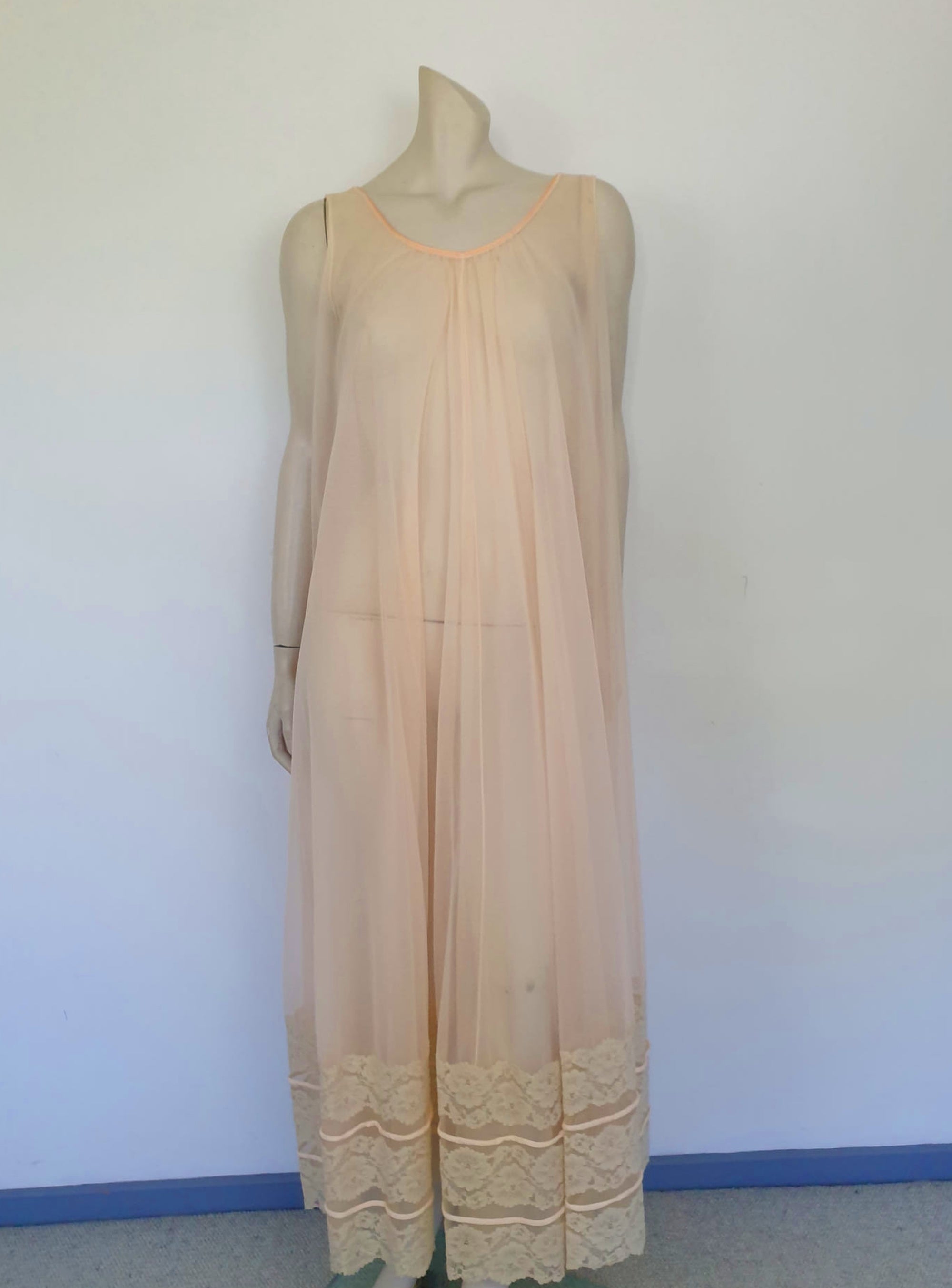 1960s vintage pale peach sheer full nightgown negligee by intime