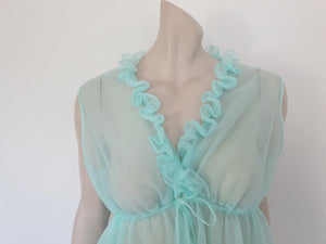 Sheer aqua mini nightgown has a crossover V neck with a drawstring beneath at the front. Double ruffle at the neckline. The back is quite full. Mid-thigh length. It's made from two layers of totally sheer nylon. Brand is Linella - 1960s. Medium.