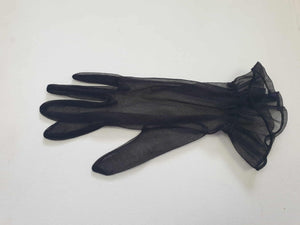 New old stock - classy and sophisticated sheer black gloves with a ruffle at the wrist. Fabric is nylon. No tags. Medium.