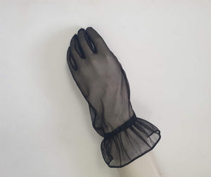 New old stock - classy and sophisticated sheer black gloves with a ruffle at the wrist. Fabric is nylon. No tags. Medium.