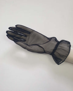New old stock - classy and sophisticated sheer black gloves with a ruffle at the wrist. Fabric is nylon. No tags. Medium.