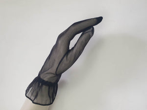 New old stock - classy and sophisticated sheer black gloves with a ruffle at the wrist. Fabric is nylon. No tags. Medium.