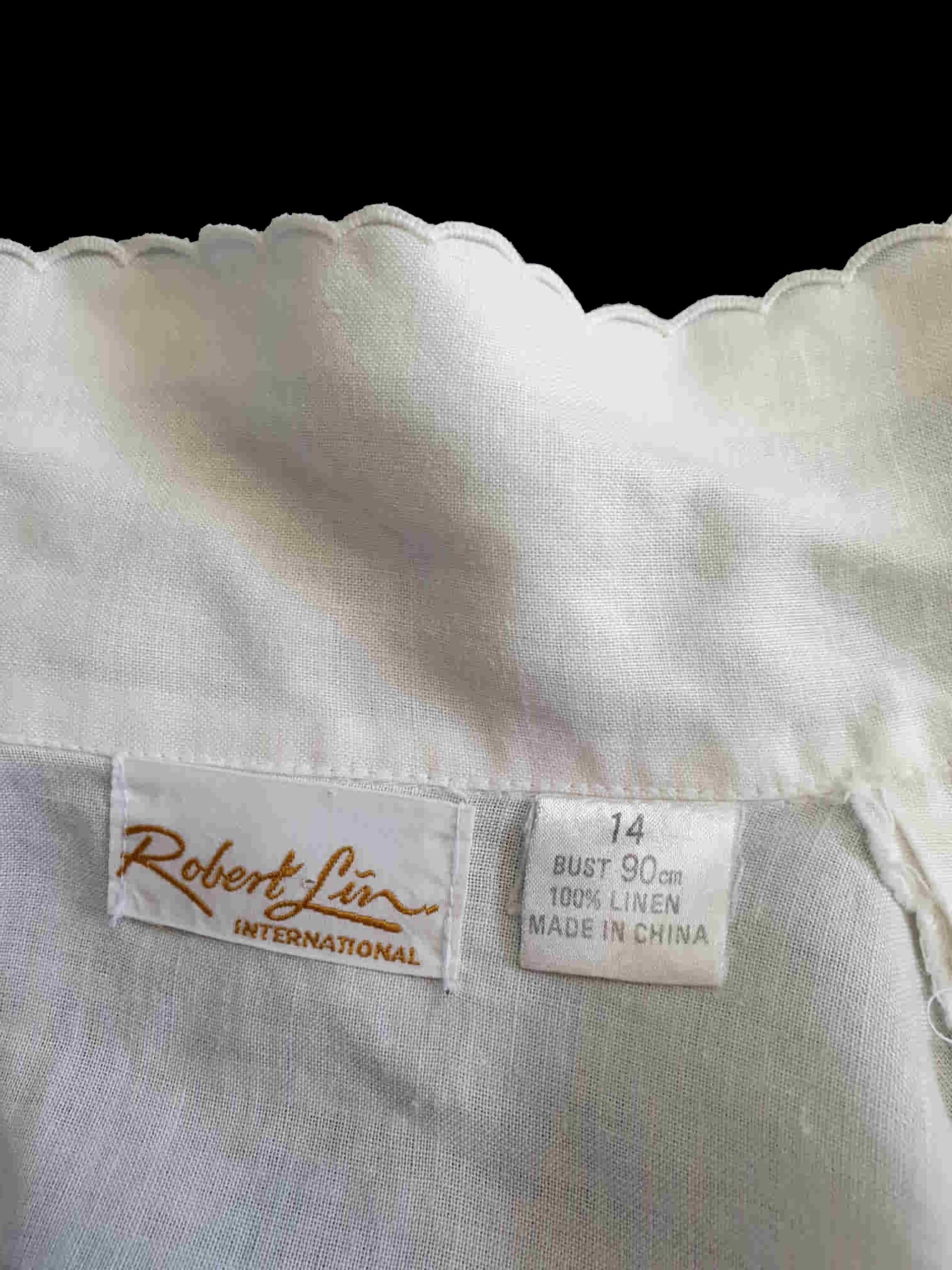 1990s Embroidered White Linen Blouse, Shirt - M