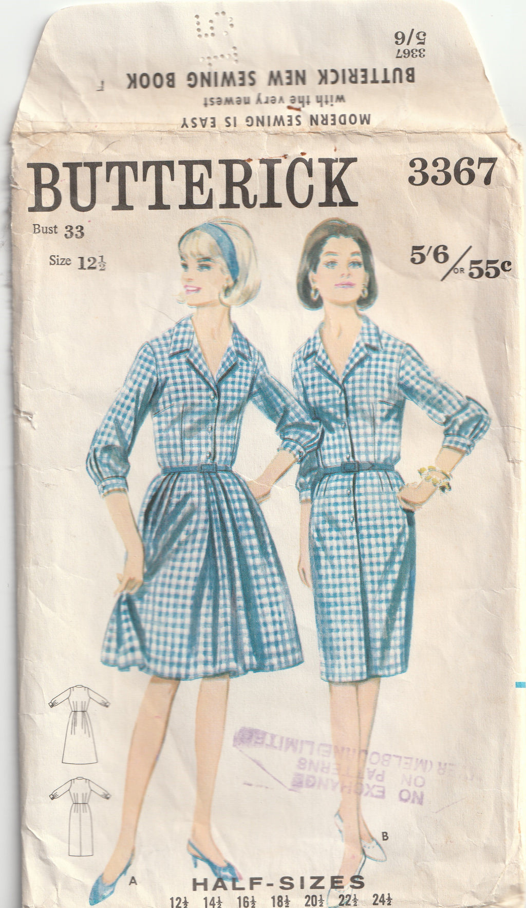 1960s vintage pattern shirtwaist dress butterick 3367 bust 84 cm