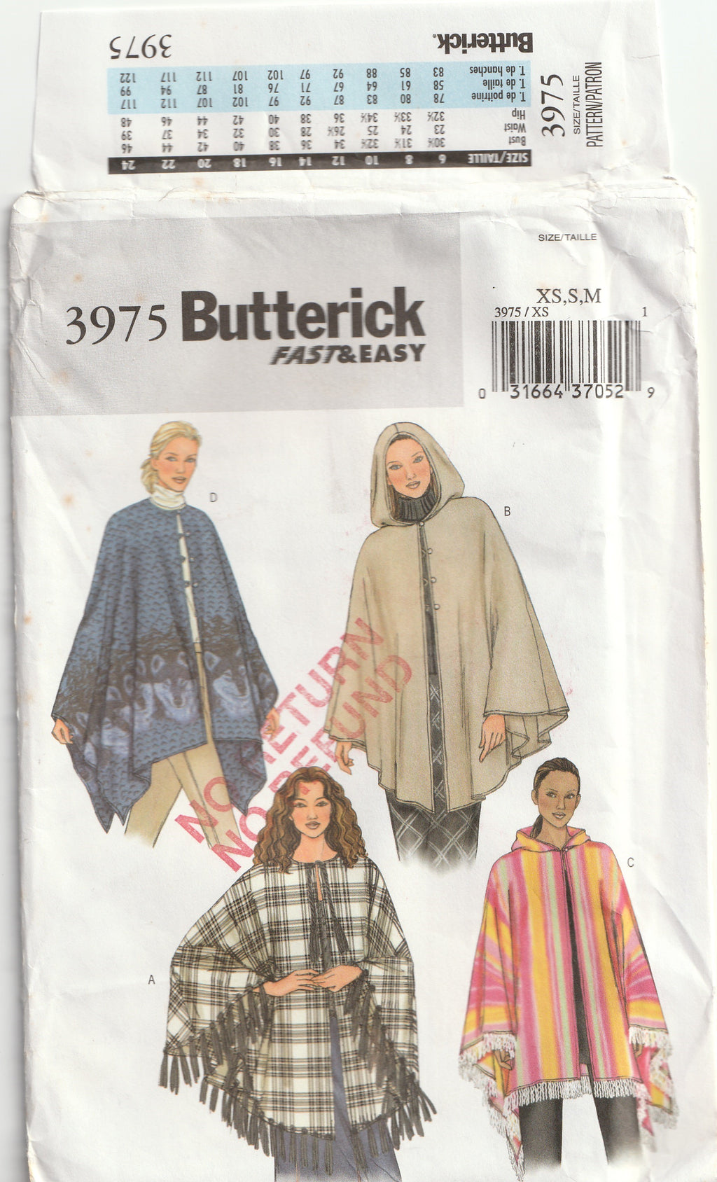2003 vintage sewing pattern poncho with or without hood butterick 3975