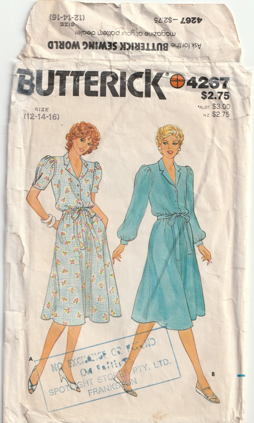 1980s vintage sewing pattern shirtwaist dress butterick 4267 Medium