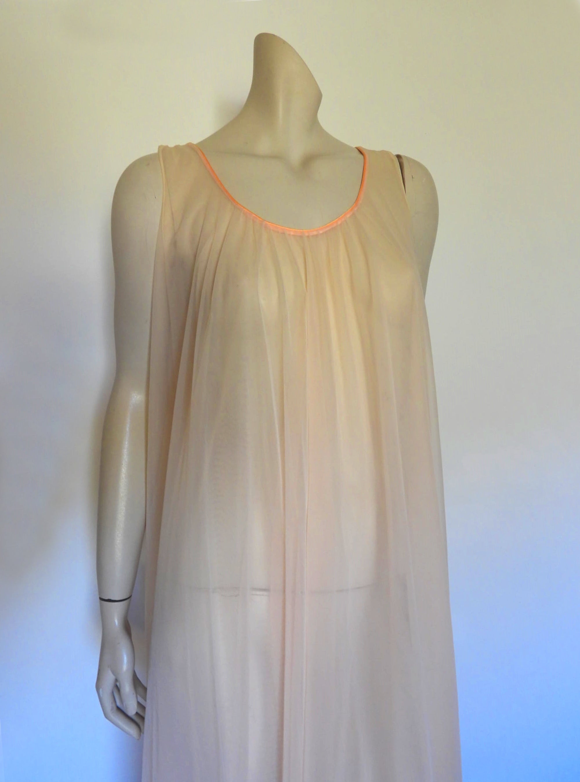1960s vintage pale peach sheer full nightgown negligee by intime