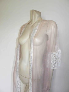 vintage sheer pink robe or peignoir with ruffled sleeves and white lace Medium