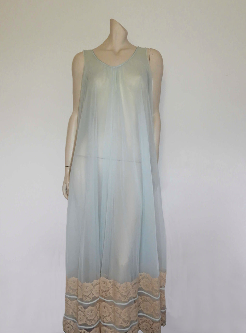 1960s vintage pale blue sheer nightgown with deep lace border by intime