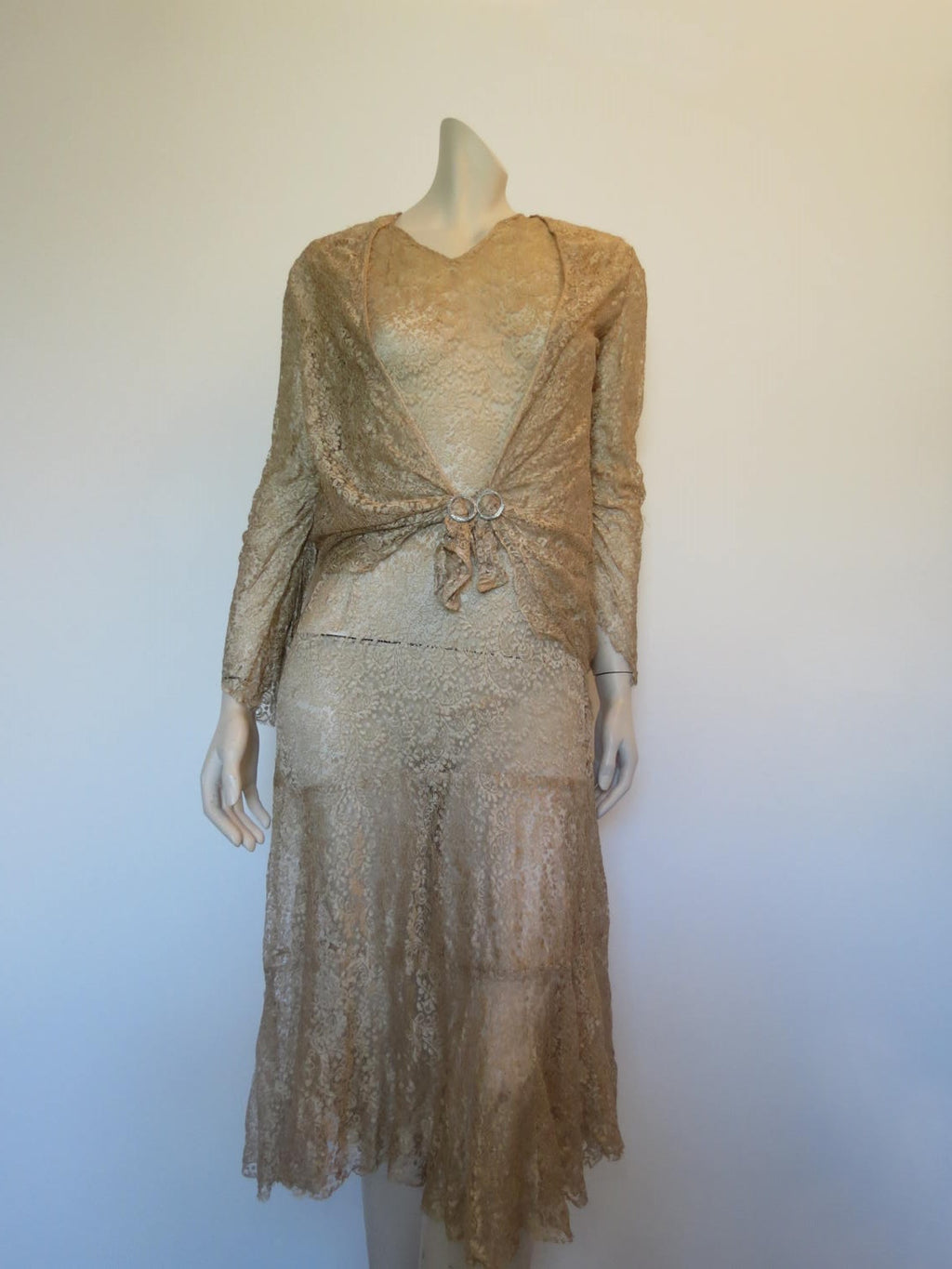 1920s vintage gold silk lace flapper dress and jacket for display only