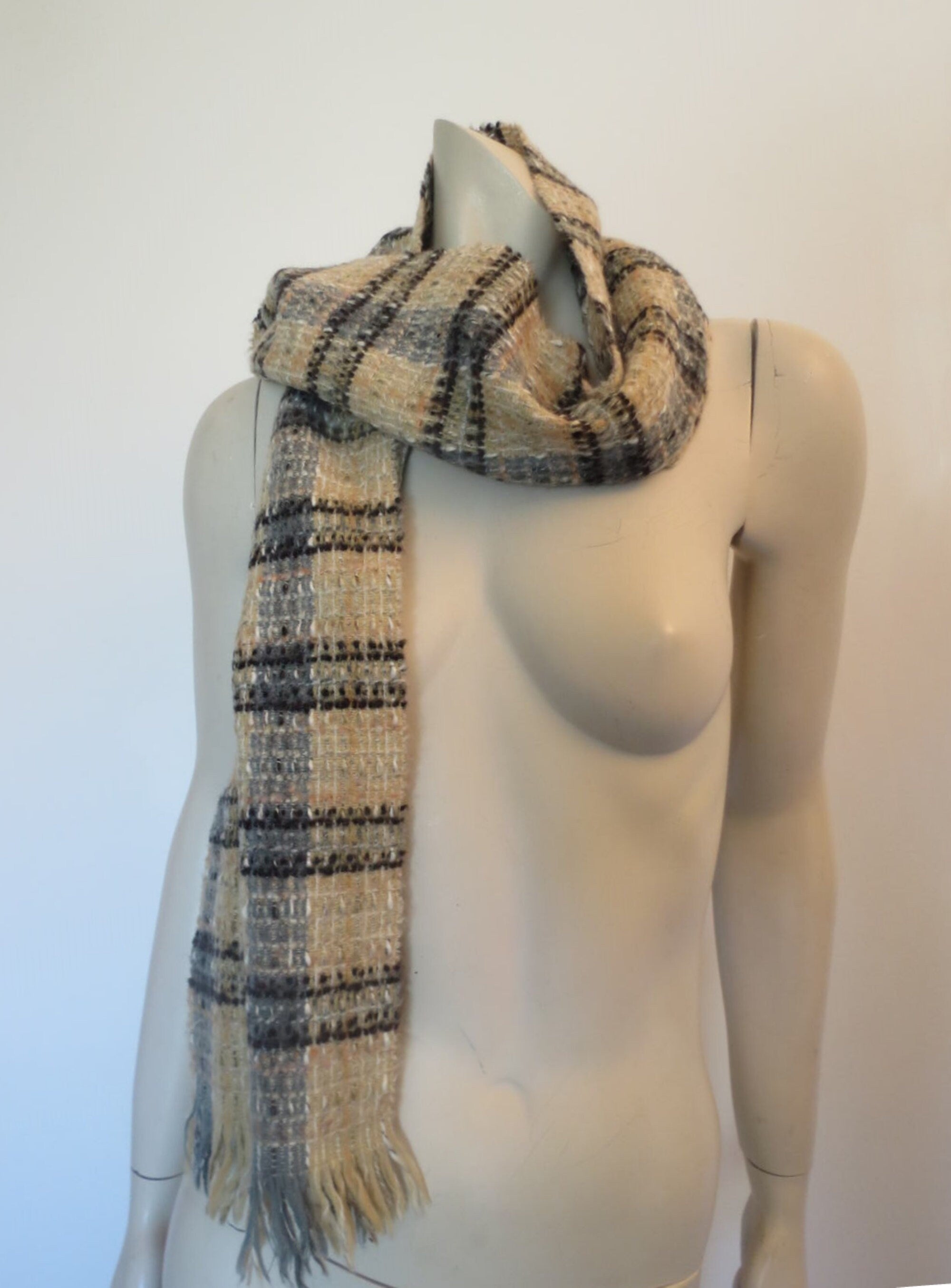 Grey & Beige Wool Blend Fringed Scarf by Descours - Paris