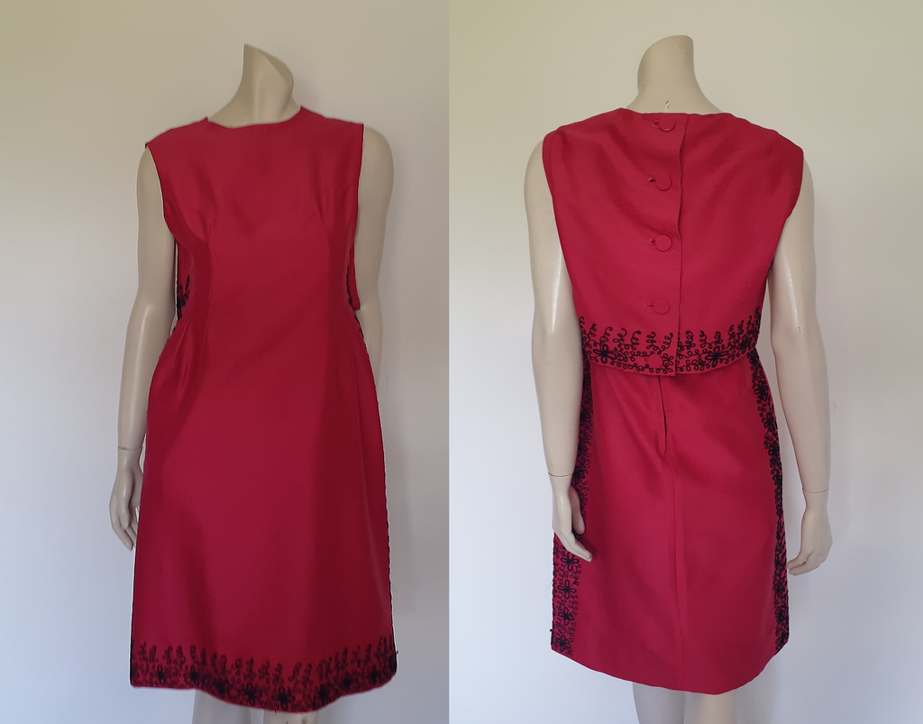 vintage 1960s Cyclamen pink silk dress with black cornelli work - Medium