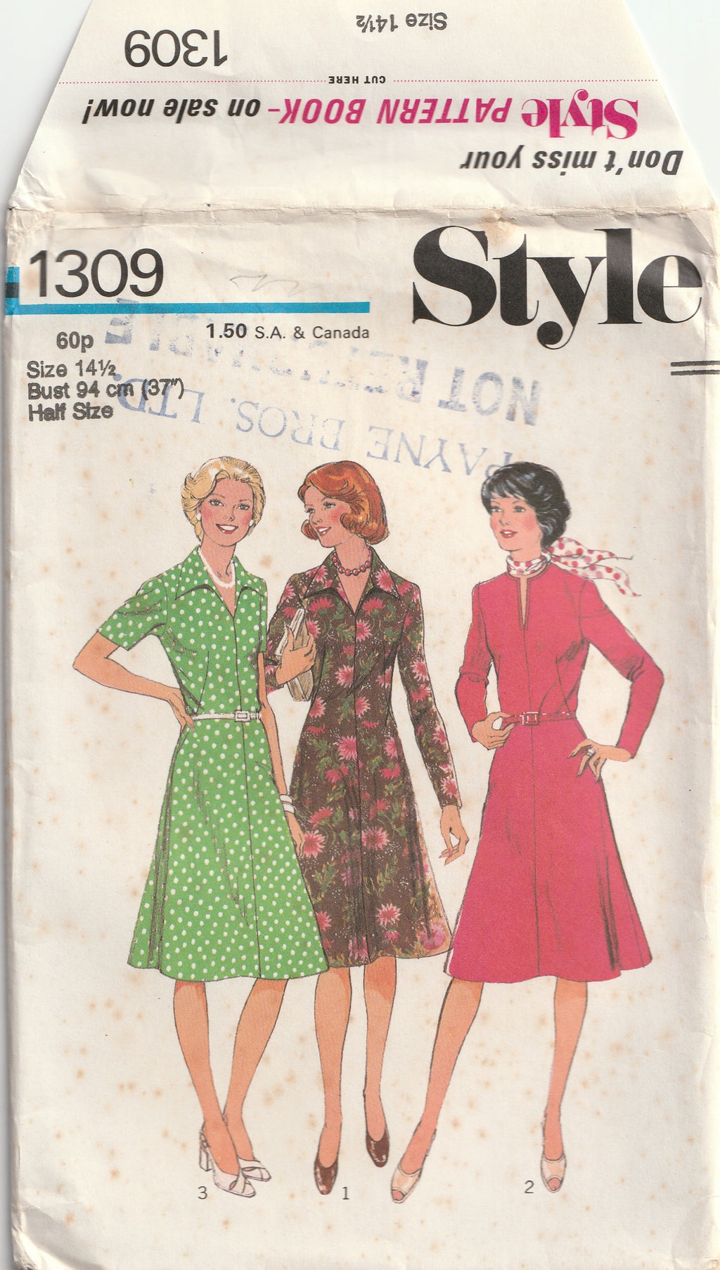 1970s vintage pattern flared dress style 1309 1975 bust 94 cm