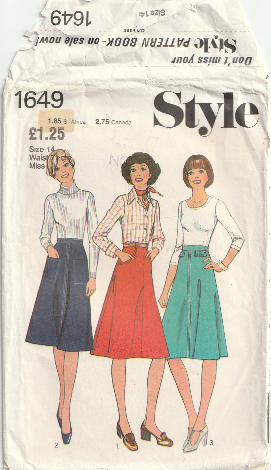 vintage sewing pattern flared skirt with pockets 1970s style 1649 waist 71 cm