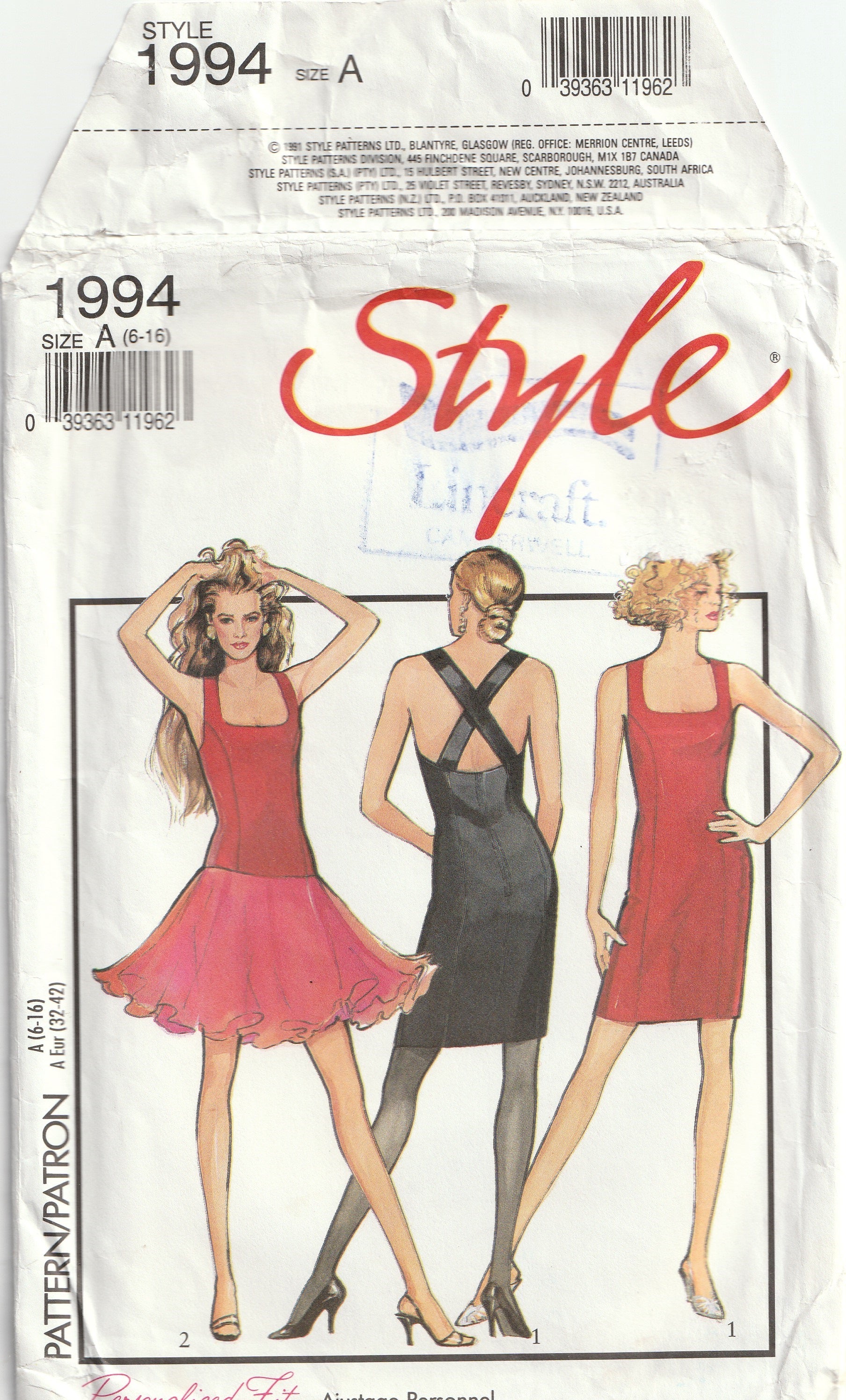 vintage pattern dress with straight or full skirt style 1994, 1991 XS