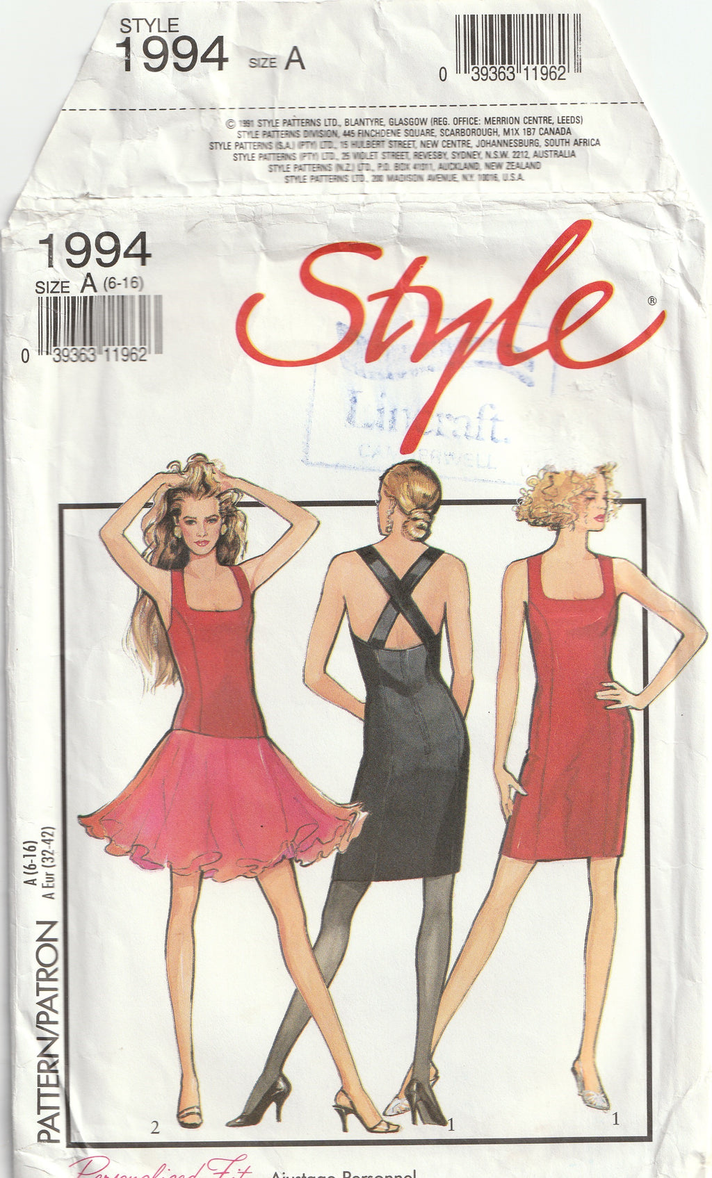 vintage pattern dress with straight or full skirt style 1994, 1991 XS