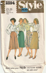 Vintage Style pattern 2594, c.1978.

Misses' Set of Skirts: All views have zipper inserted in centre back seam, and waistband. View 1 and 2, flared, have side seam pockets. View 1 is cut in four gores. View 2 and 3 have inverted pleat at front secured with top-stitching. View 3 & 4, worn with purchased belts, have waist shaping darts.