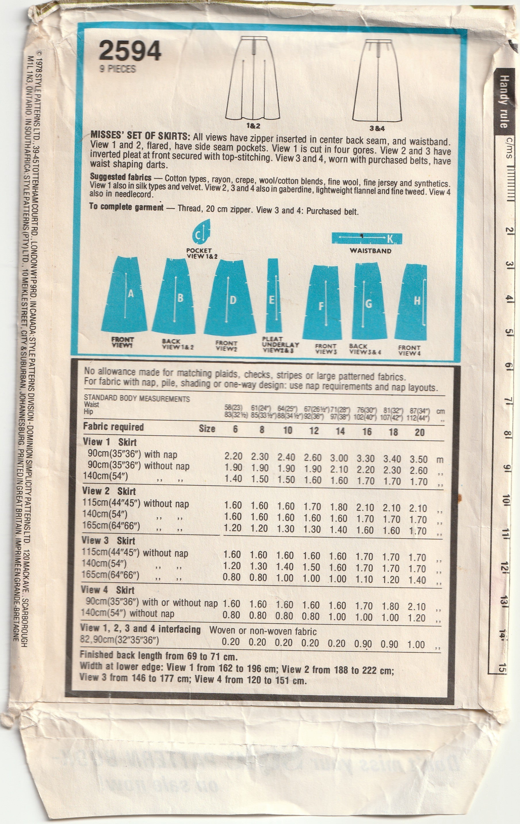 Vintage Style pattern 2594, c.1978.

Misses' Set of Skirts: All views have zipper inserted in centre back seam, and waistband. View 1 and 2, flared, have side seam pockets. View 1 is cut in four gores. View 2 and 3 have inverted pleat at front secured with top-stitching. View 3 & 4, worn with purchased belts, have waist shaping darts.