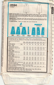 Vintage Style pattern 2594, c.1978.

Misses' Set of Skirts: All views have zipper inserted in centre back seam, and waistband. View 1 and 2, flared, have side seam pockets. View 1 is cut in four gores. View 2 and 3 have inverted pleat at front secured with top-stitching. View 3 & 4, worn with purchased belts, have waist shaping darts.