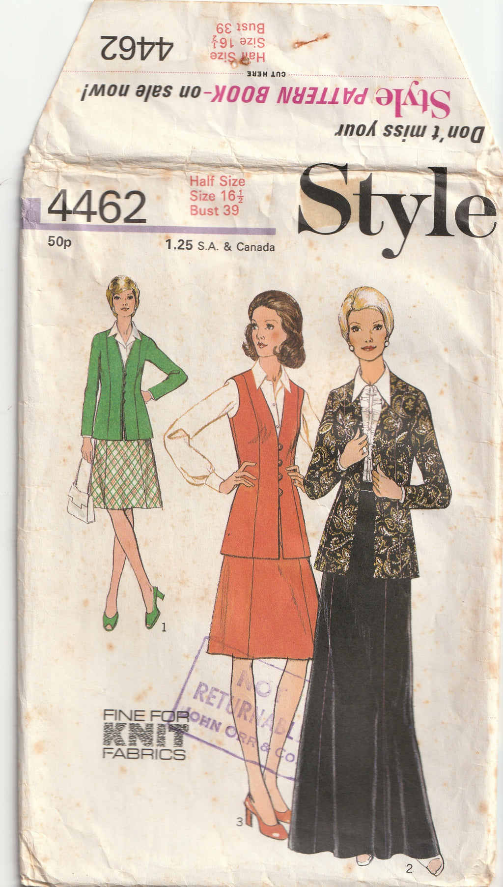 Skirt in Two Lengths and Cardigan in Misses' and Half Sizes. Panelled skirt has waistband and side zipper. Panelled cardigan is lined. View 1 and 2 have long, set-in sleeves. View 1  and 3 have front button, self fabric or cord loop fastening. View 1 has top-stitched trim. View 3 is sleeveless. Bust 99 cm.
