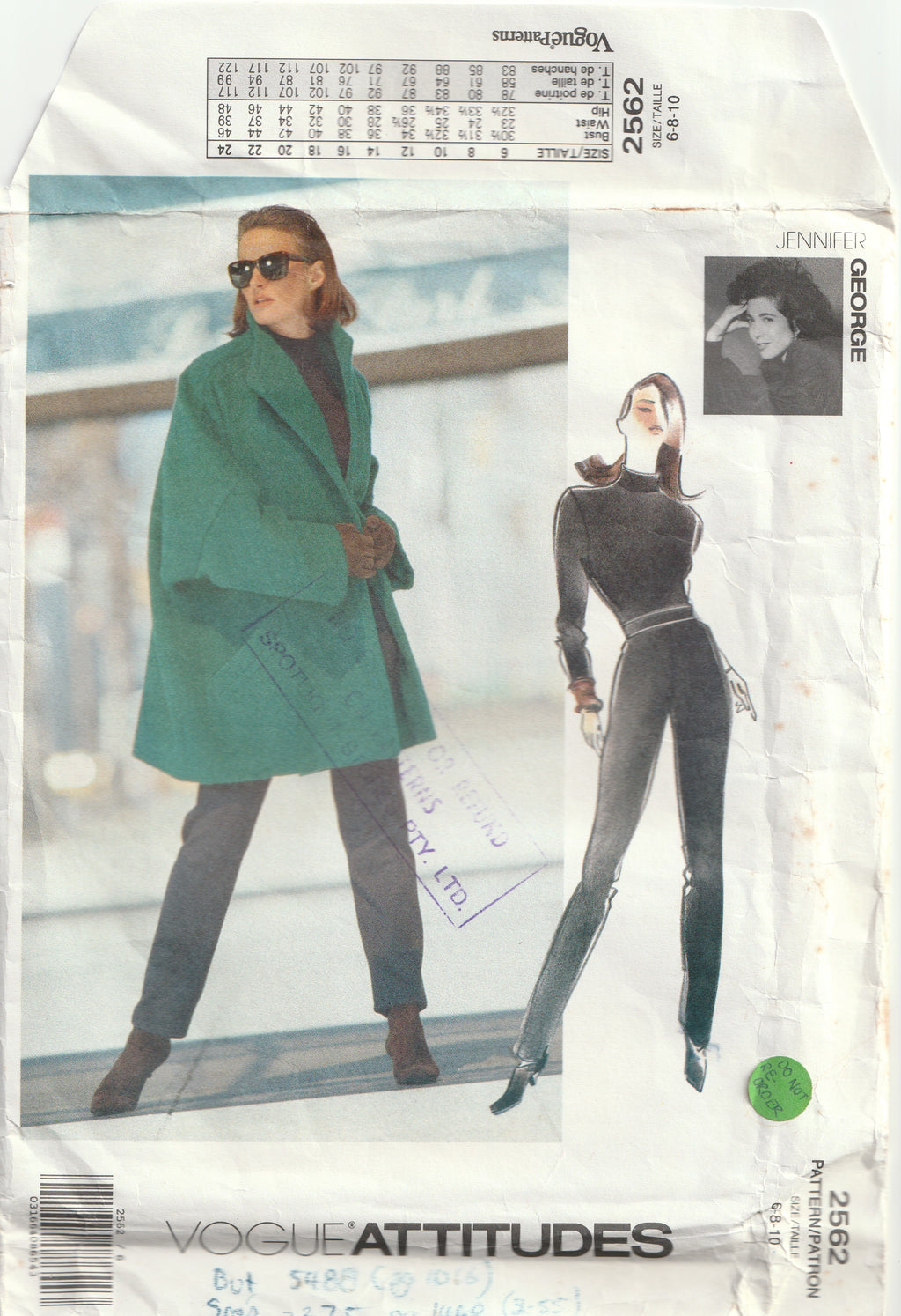 vintage vogue pattern 2562 slim pants, top and chunky jacket 1990 small