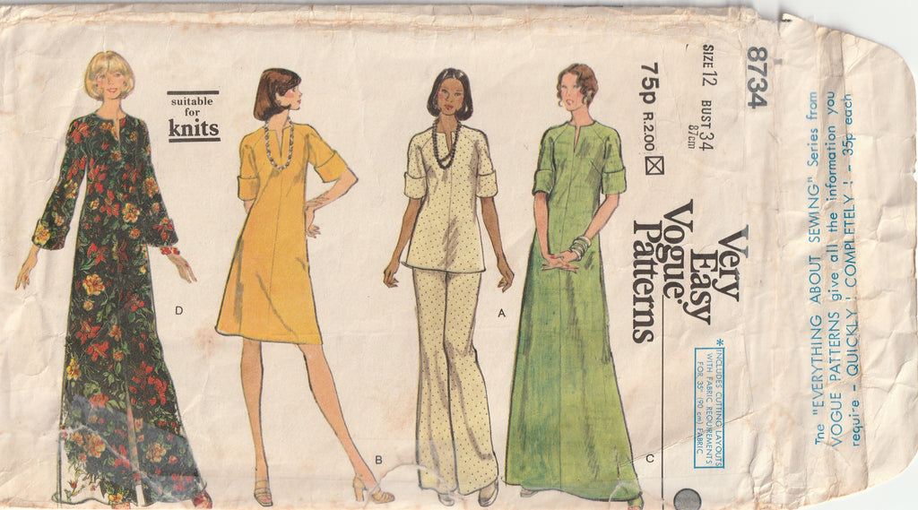 1970s vintage pattern caftan style dress and pants vogue 8734 1973 bust 34 cm