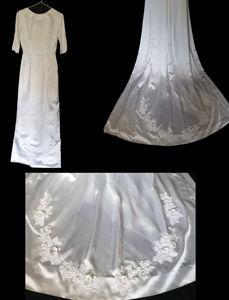 1960s 1970s satin wedding gown with long train embellished with guipure lace and pearl beading Small