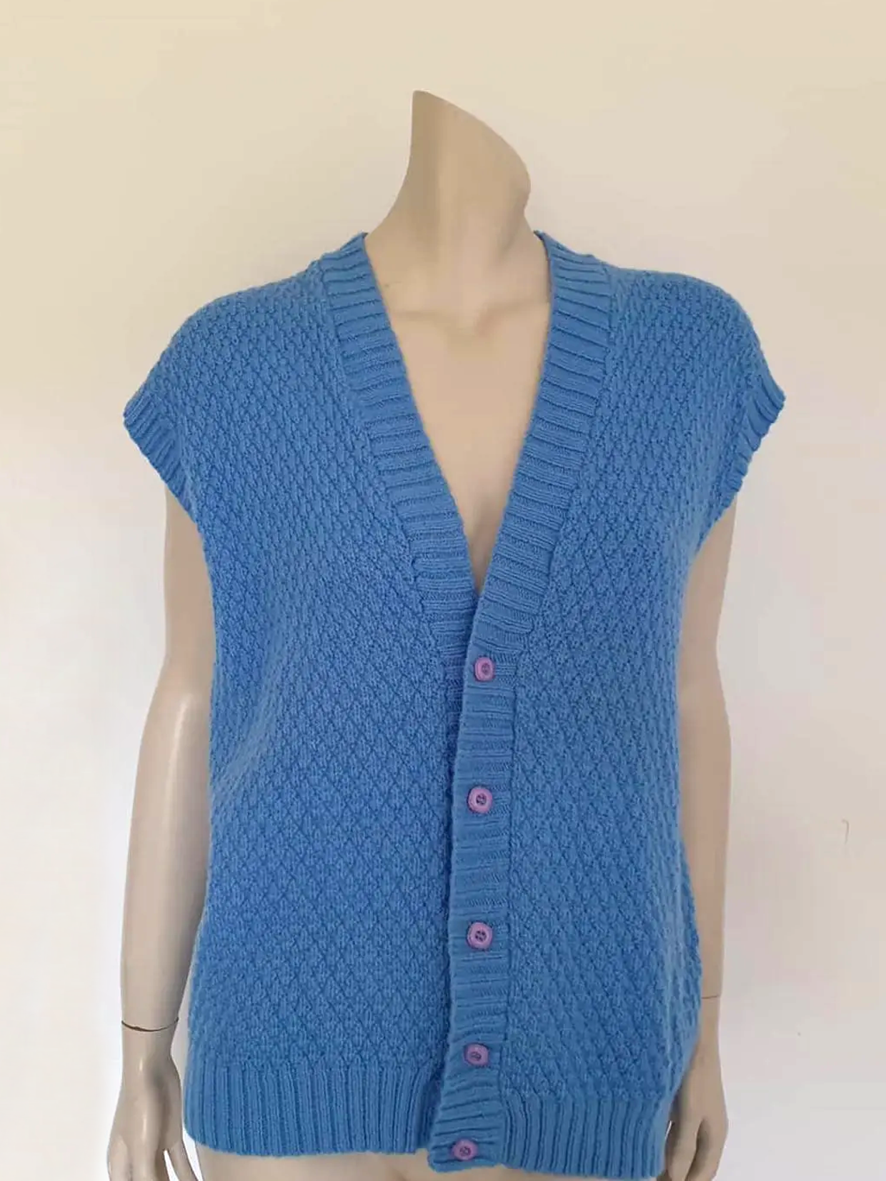 Blue Hand Knitted Wool Vest - L