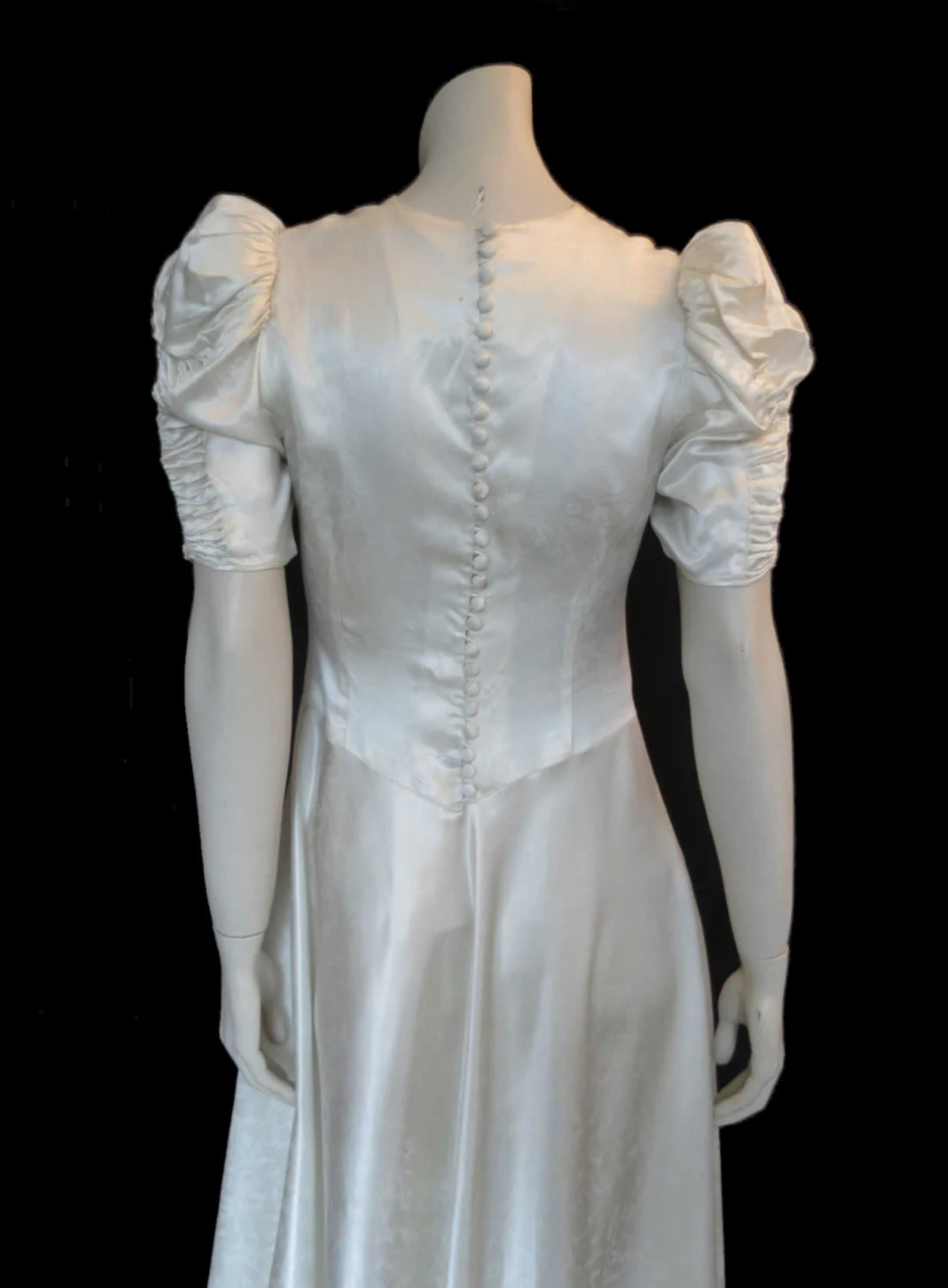Satin Damask Wedding Dress With Puffy Sleeves - Bust 86 cm
