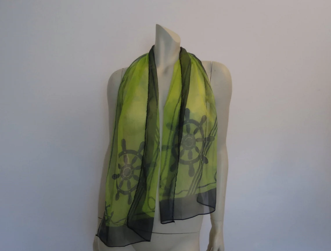 vintage 1960s sheer green and yellow scarf - nautical theme