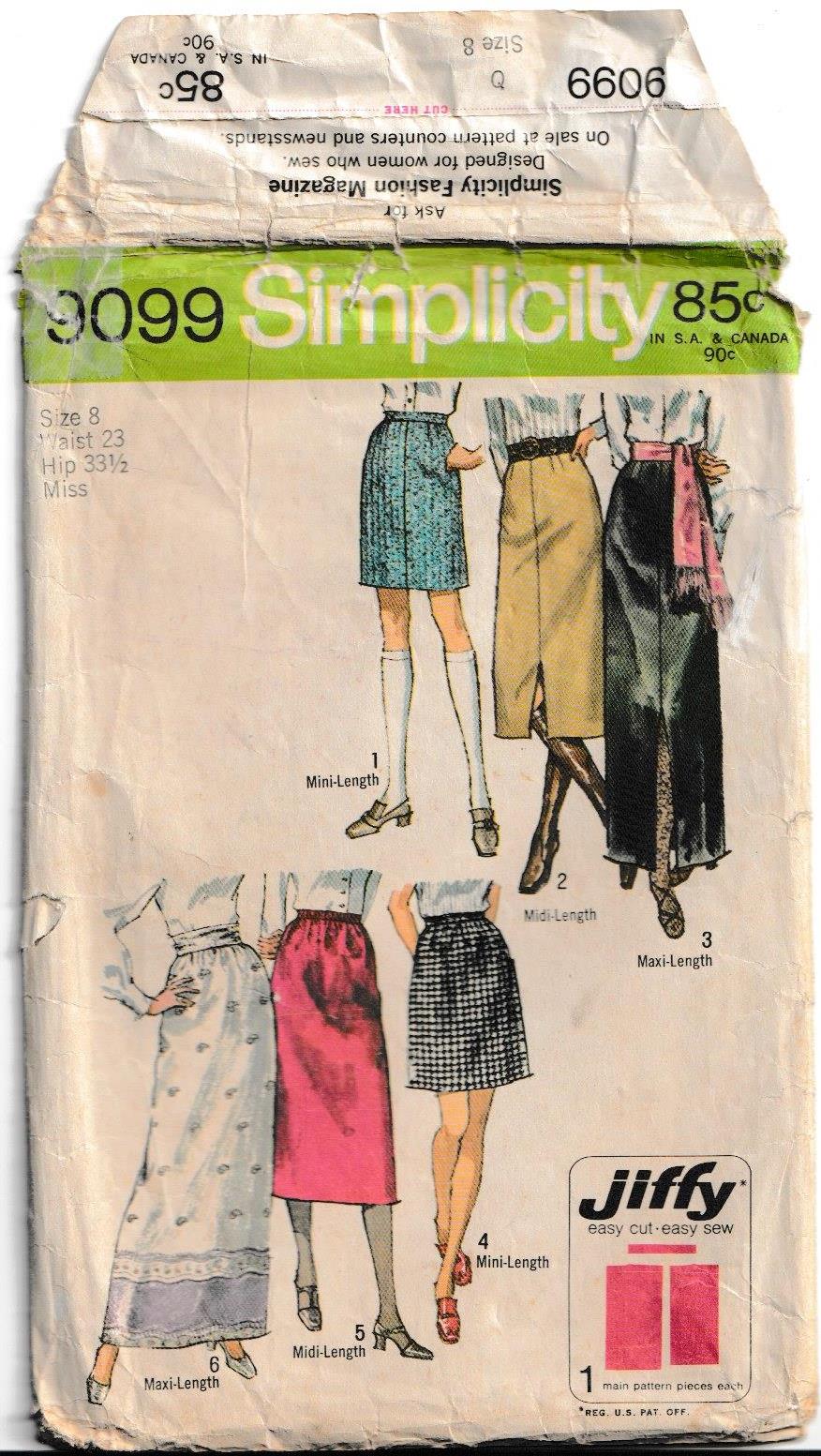 1960s vintage pattern straight skirts simplicity 9099 XS 1969
