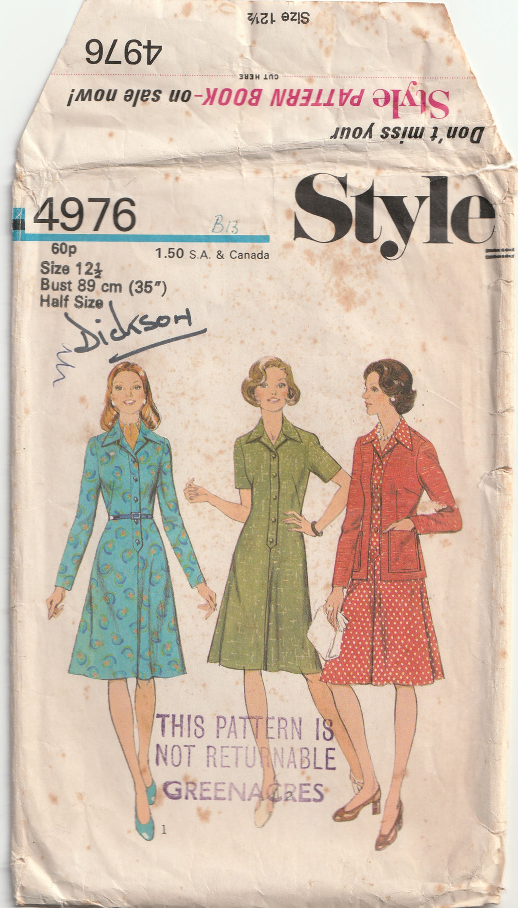 vintage pattern 1974 dress and cardigan Style 4976 bust 89 cm